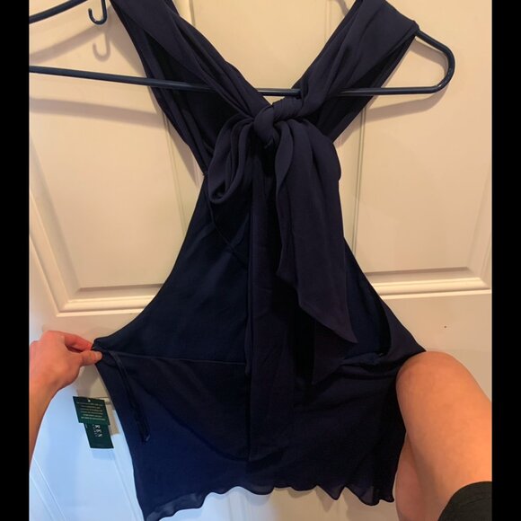 NWT Ralph Lauren 100% Silk Blue Halter Blouse Wrap Scarf Bow Keyhole Top Sz 12 - Picture 4 of 9